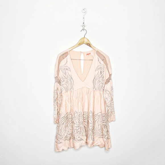 FREE PEOPLE Starlight Mini Dress Light pink embroidered long sleeve women's XS - Picture 1 of 8